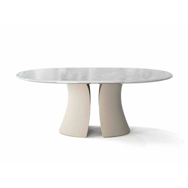 Gyllenhall Marble Dining Table with Microfiber Leather Base – Available in 79” and 87”.