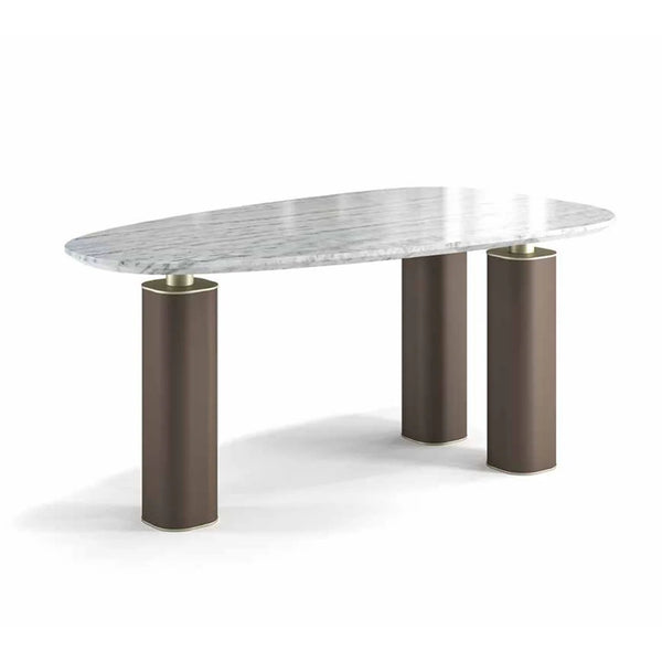 Downey Marble Dining Table with Microfiber Leather Base – Available in 79” and 87”.